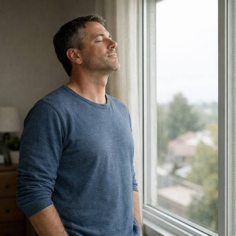 Person in quiet reflection by window